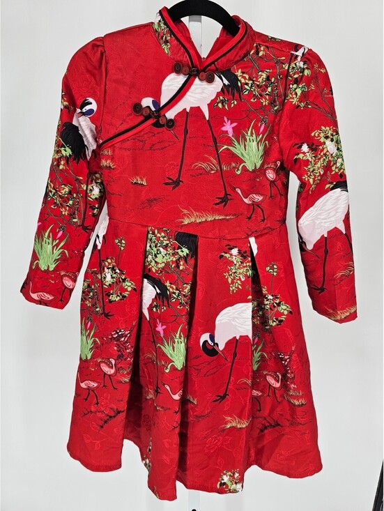 Vintage Other - Vintage Girls Sz L red Crane Print Qi Pao Cheongsam Dress Long Sleeve